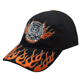 Born To Ride (Orange Flame, Skull and Wings) Embroidered Baseball Cap