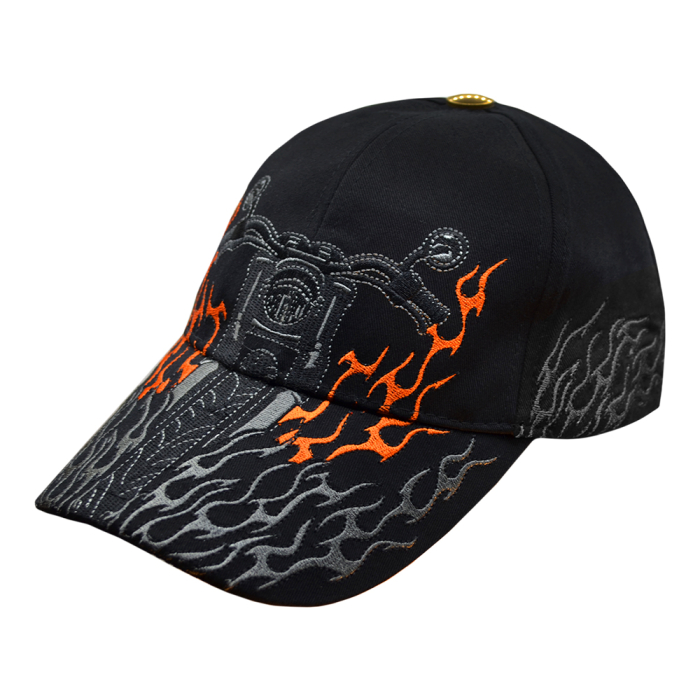 Motorcycle (Black and Orange Flame) Embroidered Baseball Cap