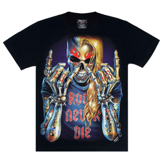 Skeleton with Tattoos (Rock Never Die) (3D, glows in the dark) T-Shirt 
