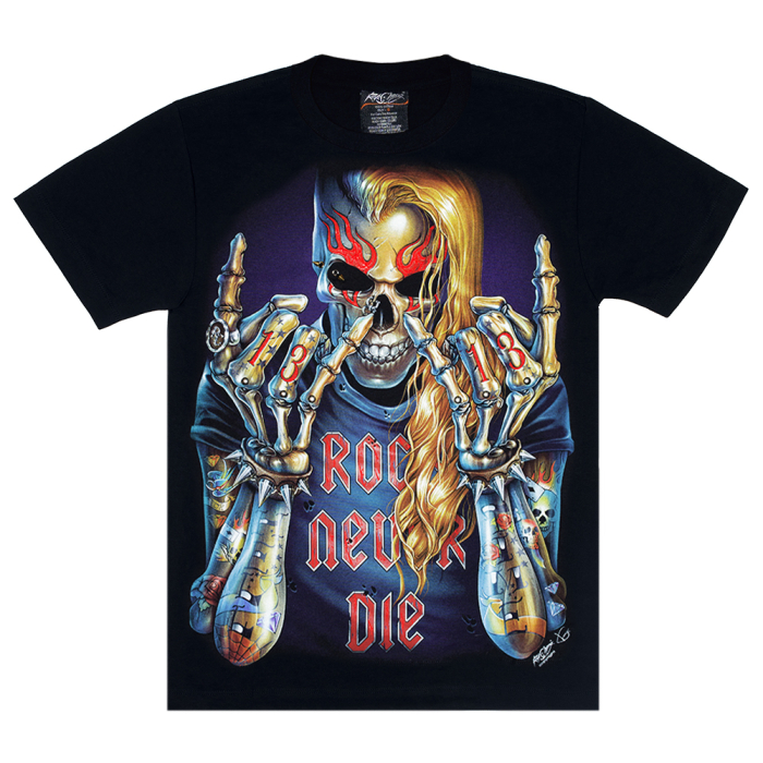Skeleton with Tattoos (Rock Never Die) (3D, glows in the dark) T-Shirt