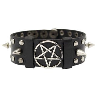 Leather bracelet with a pentagram and spikes (bsl-002)