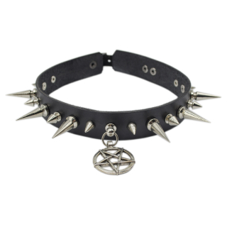 Leather choker with spikes and pentagram (csl-004)