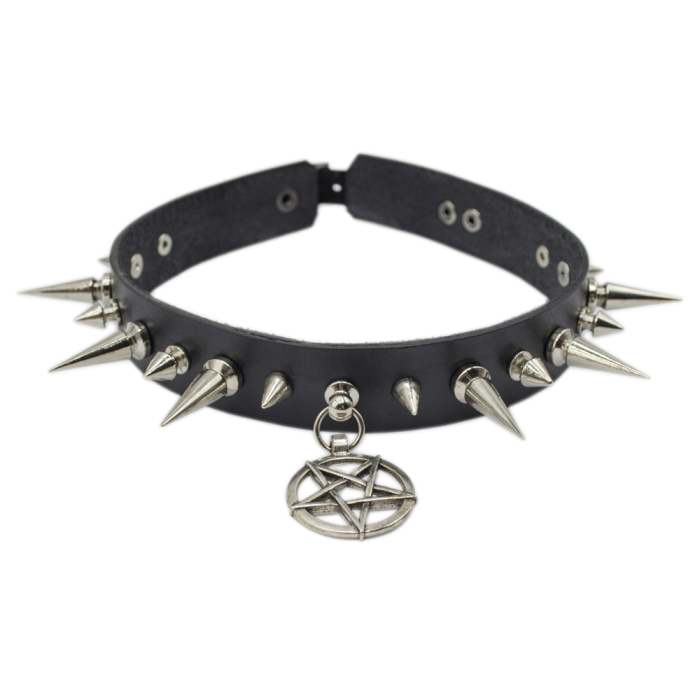 Leather choker with spikes and pentagram (csl-004)