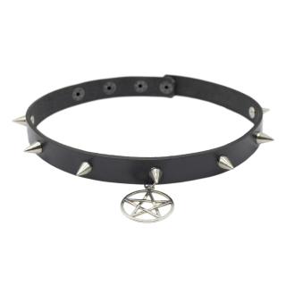 Leather choker with spikes and pentagram (csl-001)