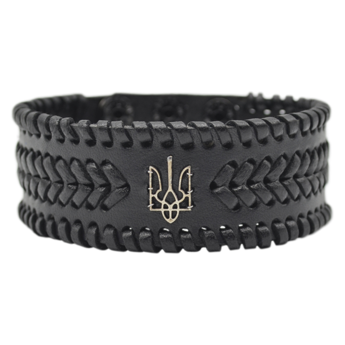 Braided leather black bracelet with Trident (ptsbua-007)