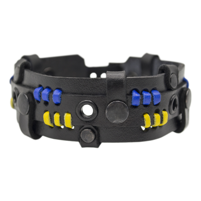 Leather bracelet with yellow-blue stripes (ptsbua-008)