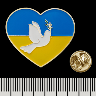 Pin (icon) shaped Yellow-blue heart with dove of Peace pnua-024