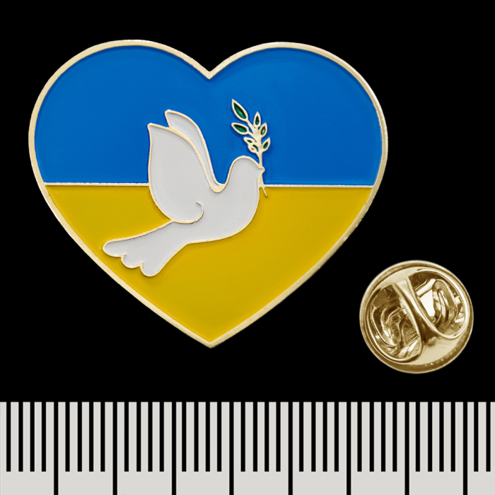 Pin (icon) shaped Yellow-blue heart with dove of Peace pnua-024