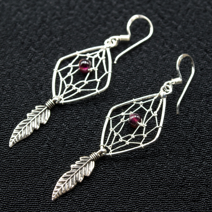 Hook earring Dreamcatcher with burgundy stone and feather, rhombus (silver, 925 assay value) (ehs-027)