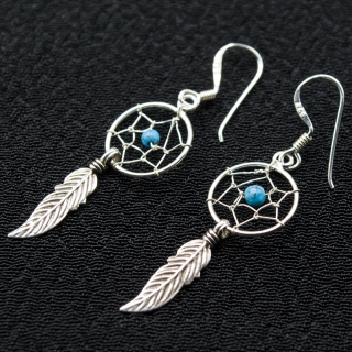 Hook earring Dreamcatcher with blue stone and feather, round (silver, 925 assay value) (ehs-028)