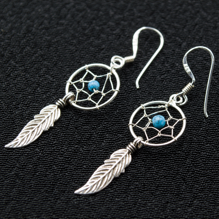 Hook earring Dreamcatcher with blue stone and feather, round (silver, 925 assay value) (ehs-028)