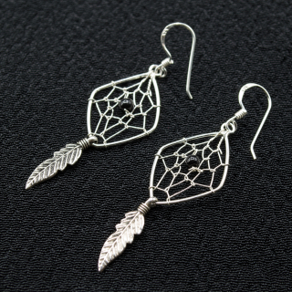 Hook earring Dreamcatcher with black stone and feather, rhombus (silver, 925 assay value) (ehs-026)