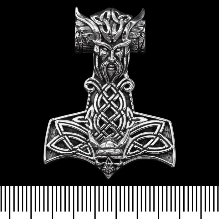 Thor's Hammer Pendant with Thor and a Viking Skull (Silver, 925) (sp-120)