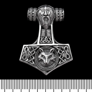 Pendant Thor's Hammer with Thor and a wolf's head (silver, 925 assay value) (sp-123)