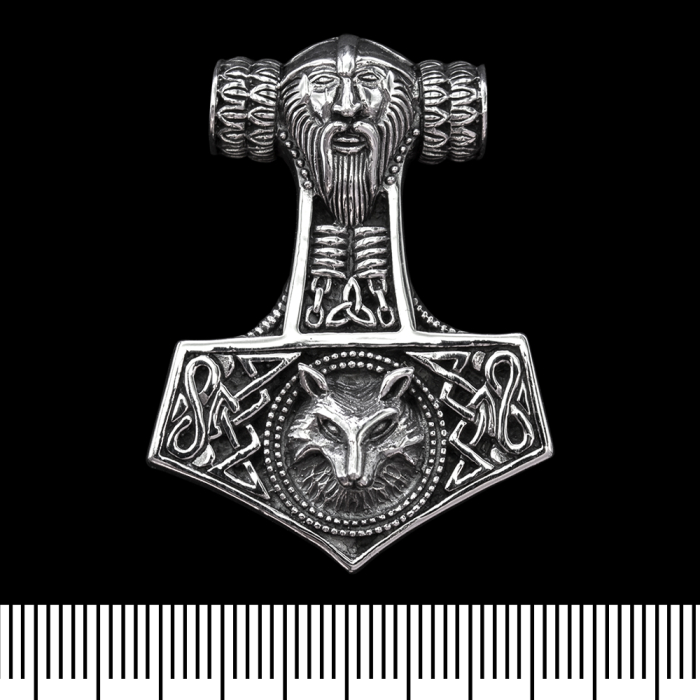 Pendant Thor's Hammer with Thor and a wolf's head (silver, 925 assay value) (sp-123)