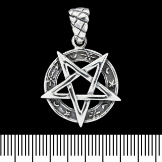 Inverted Pentagram Pendant with Crescents and Stars (silver, 925 assay value) (sp-136)