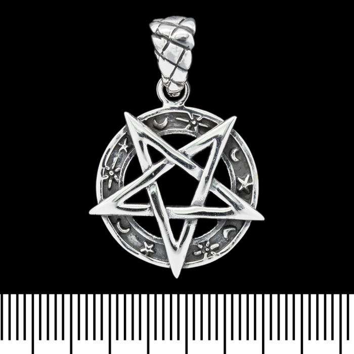Inverted Pentagram Pendant with Crescents and Stars (silver, 925 assay value) (sp-136)