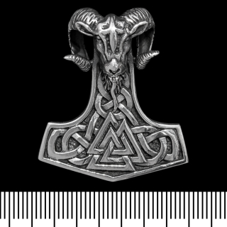 Pendant Thor's Hammer with ram's head and valknut (silver, 925 assay value) (sp-153)