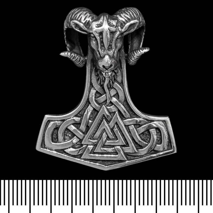Pendant Thor's Hammer with ram's head and valknut (silver, 925 assay value) (sp-153)