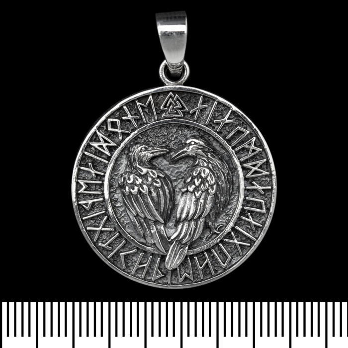 Pendant of Odin's Raven in a runic circle with Valknut (silver, 925 sample) (sp-172)