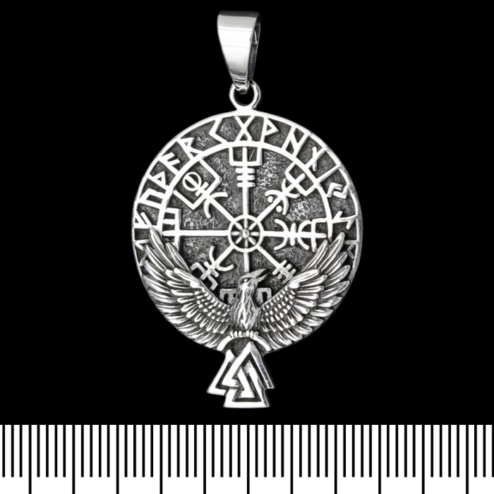 Vegvisir pendant (runic compass) and raven with valknut (silver, 925 assay value) (sp-176)