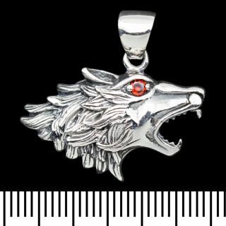 Pendant Howling wolf with red eyes (head) (silver, 925 sample) (sp-192)