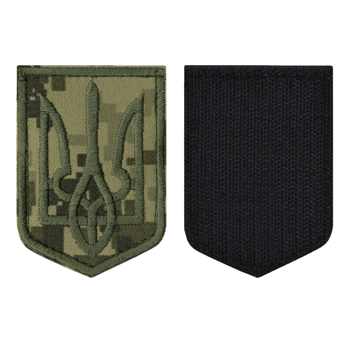 Velcro patch Coat of arms of Ukraine (olive Trident, pixel camouflage)