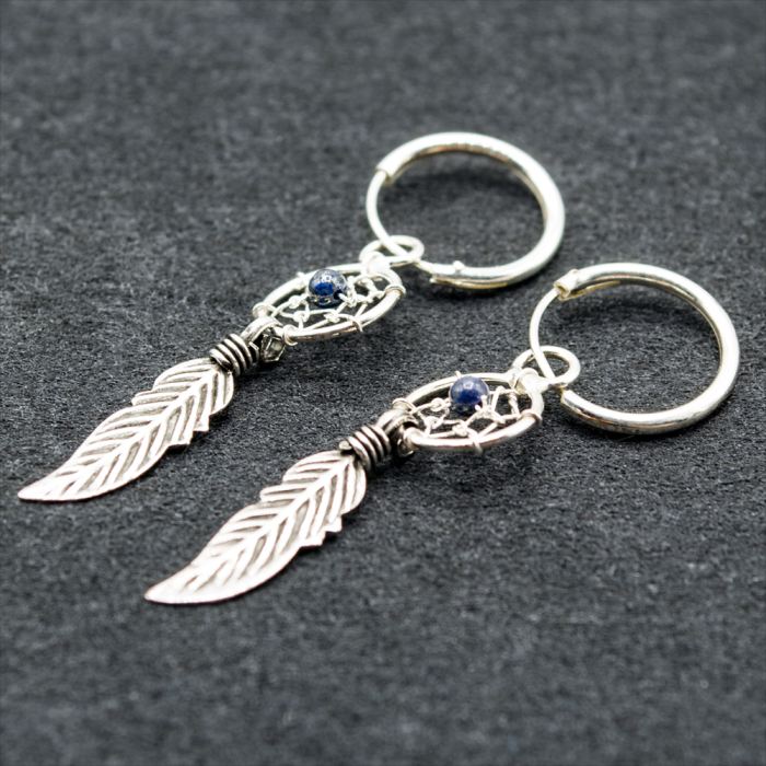 Earring, ring Dreamcatcher with blue stone and feather (eas-149)