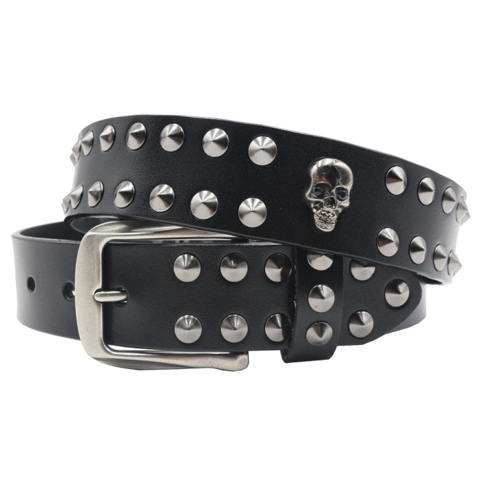 Leather belt Two rows of conical spikes and skulls (bсl-001)