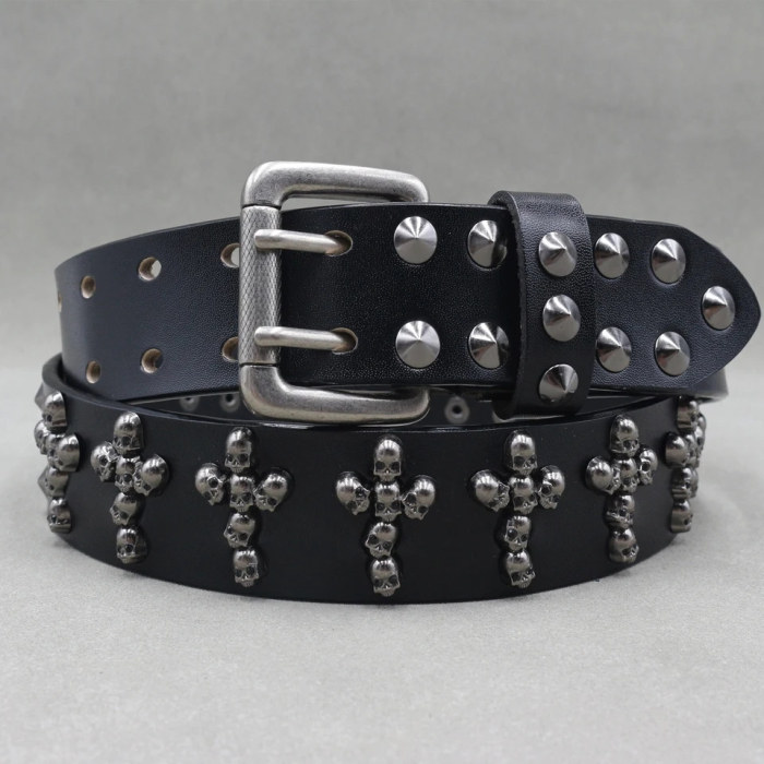 Leather belt Two rows of conical spikes and crosses of skulls (bсl-003)