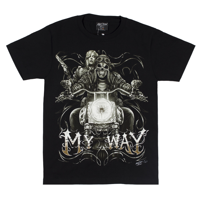 Skeleton with a Girl on a Motorcycle (Glows in the Dark) T-Shirt