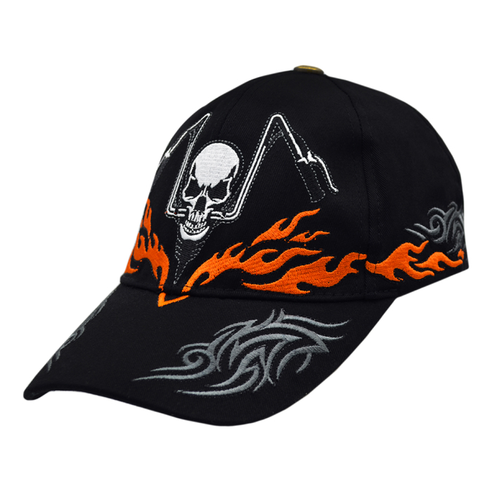 Motorcycle Skull (Orange Flame) Embroidered Baseball Cap