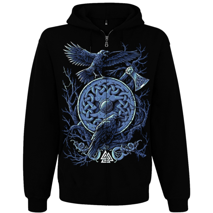 Valknut (Ravens of Odin) Kangaroo Pocket Hoodie with a Zipper