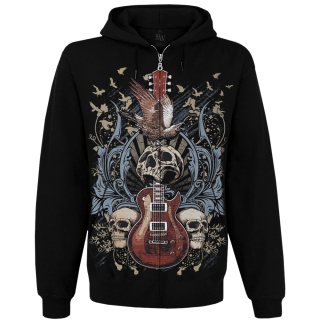Guitar with Skulls and Ravens Kangaroo Pocket Hoodie with a Zipper