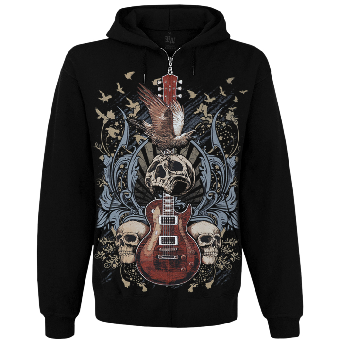 Guitar with Skulls and Ravens Kangaroo Pocket Hoodie with a Zipper
