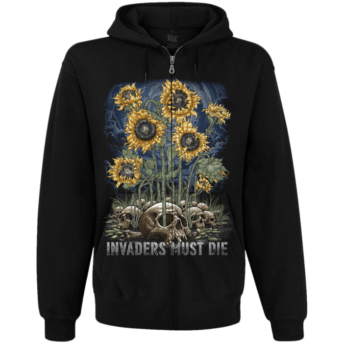 Invaders Must Die (Sunflowers) Kangaroo Pocket Hoodie with a Zipper Ukraine