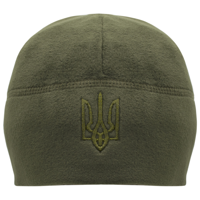 Olive fleece hat with the coat of arms of Ukraine