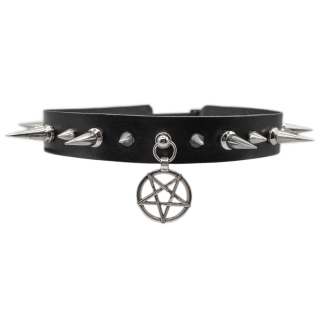 Leather choker with large and small spikes and pentagram (csl-005)