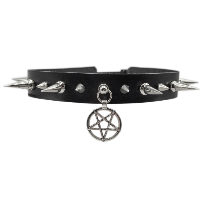 Leather choker with large and small spikes and pentagram (csl-005)