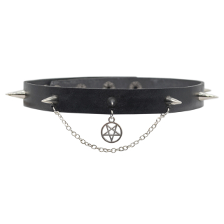 Leather choker with spikes, chain and pentagram (csl-010)