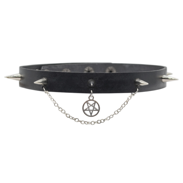 Leather choker with spikes, chain and pentagram (csl-010)