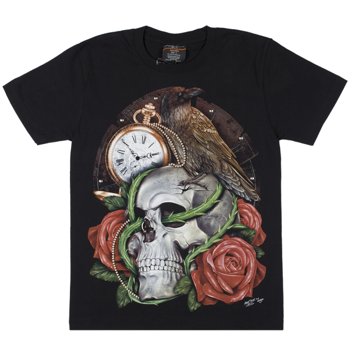 Skull with Roses (Crow and Clock) (3D, Glowing in the Dark) T-Shirt