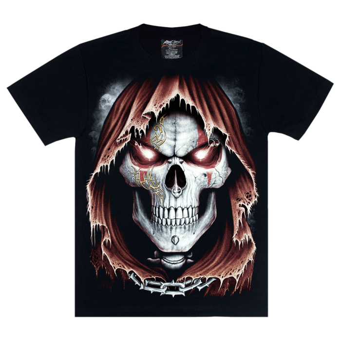 Skull with tattoo and piercings in the hood (glows in the dark) T-Shirt