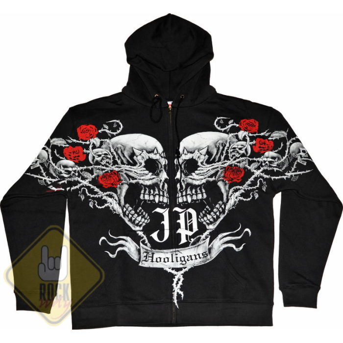 JP Hooligans (Two Skulls with Roses) Kangaroo Pocket Hoodie JP Hooligans (Two Skulls with Roses) Kangaroo Pocket Hoodie