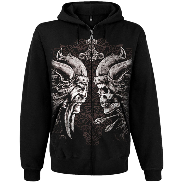 Viking with Skull Kangaroo Pocket Hoodie with a Zipper