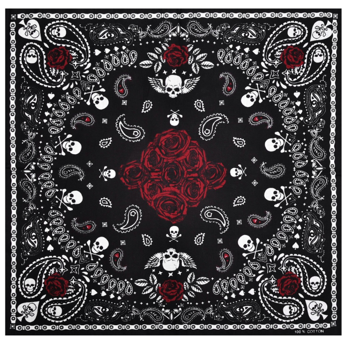 Paisley with Skulls and Red Roses on a Black Background Bandana