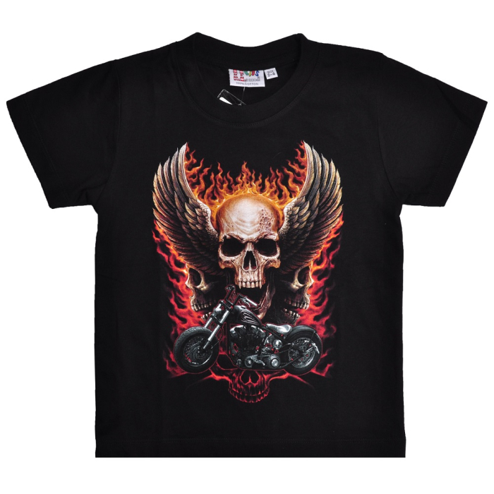 Motorcycle on a Fiery Background with Skulls (Rock Eagle, Glowing in the Dark) T-Shirt Motorcycle on a Fiery Background with Skulls (Rock Eagle, Glowing in the Dark) T-Shirt