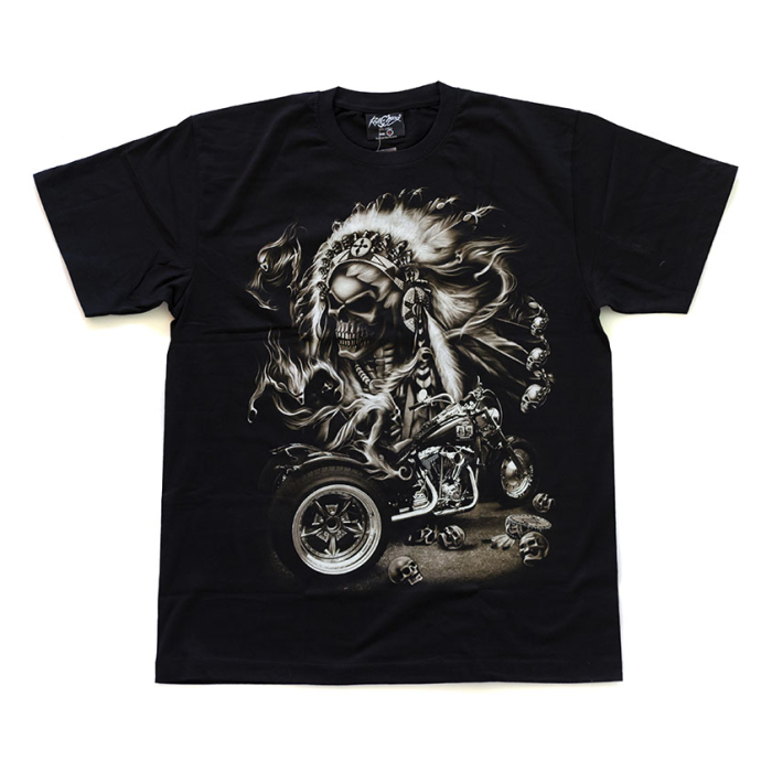 Indian Shaman Skull with a Motorcycle (Glows in the dark) T-Shirt