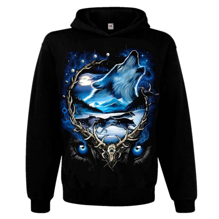Howling wolf Kangaroo Pocket Hoodie without a Zipper