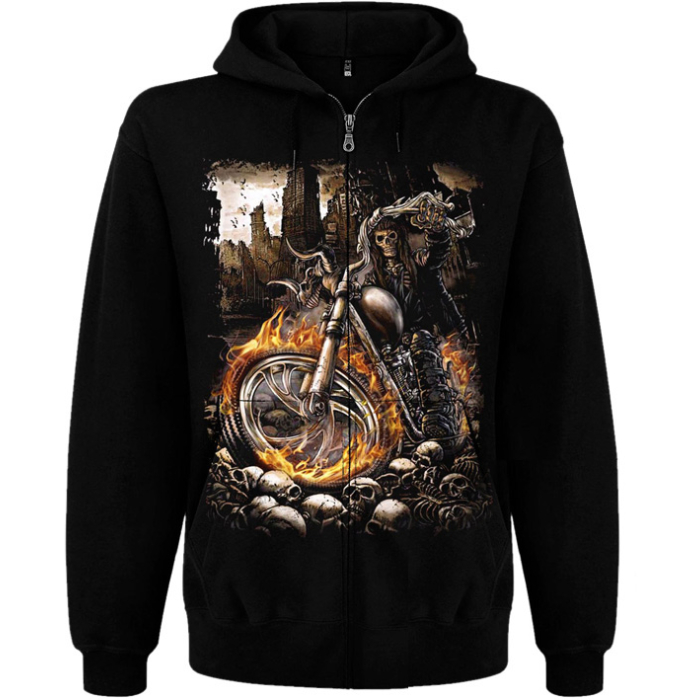 Death on a Motorcycle Kangaroo Pocket Hoodie with a Zipper